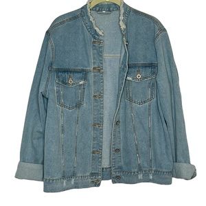 Umgee Womens Size Large Jean Jacket Distressed Frayed Collar